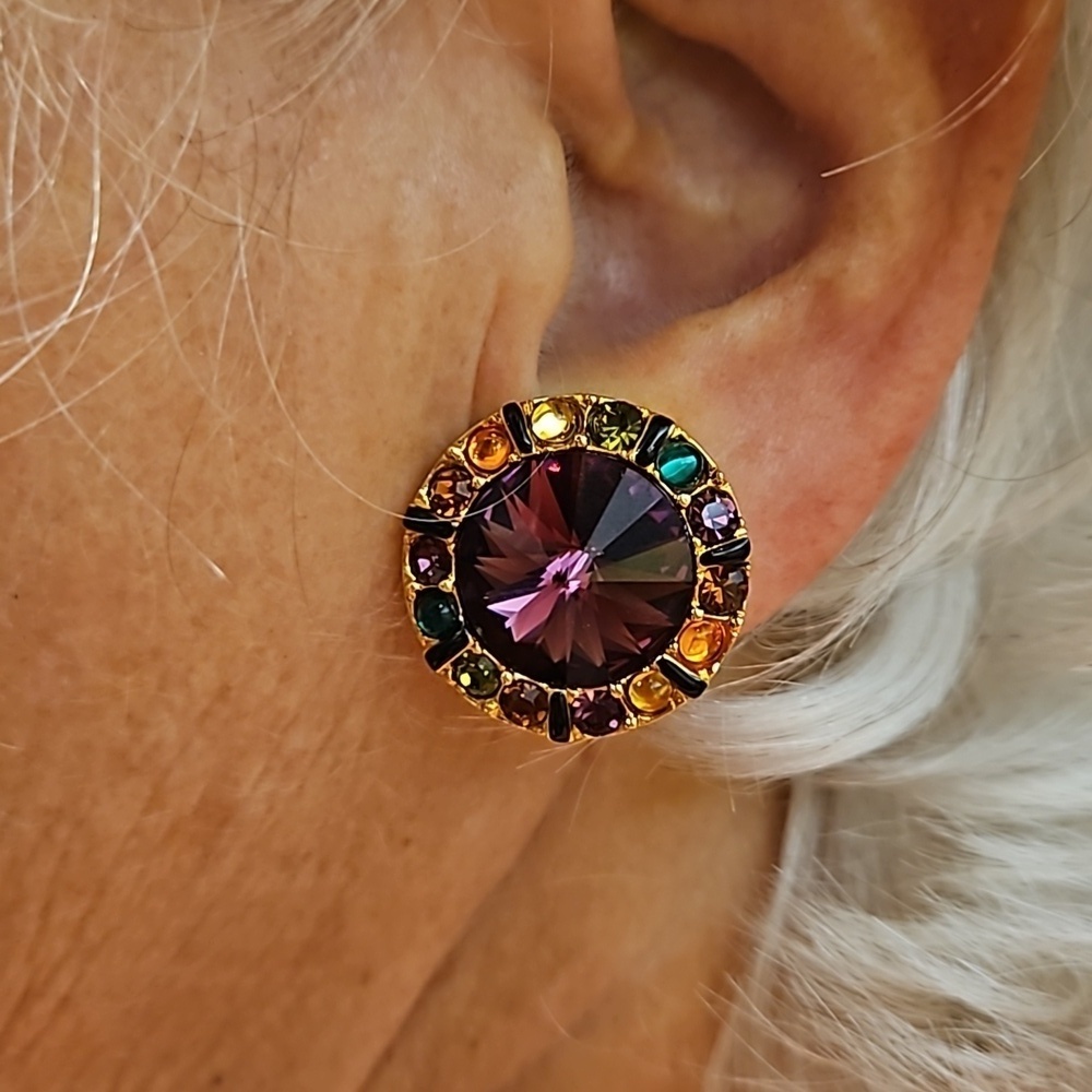 💕ST. JOHN💕 Round Cirlular Clip On Earrings ~ Multi-Color Jewels NWOT